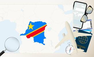 DR Congo map and flag, cargo plane on the detailed map of DR Congo with flag. vector