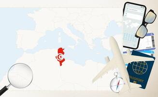 Tunisia map and flag, cargo plane on the detailed map of Tunisia with flag. vector