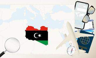 Libya map and flag, cargo plane on the detailed map of Libya with flag. vector