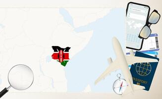 Kenya map and flag, cargo plane on the detailed map of Kenya with flag. vector