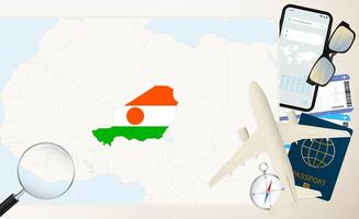 Niger map and flag, cargo plane on the detailed map of Niger with flag. vector
