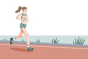Female runner on track in flat style. Running for fitness, health, race training, and active lifestyle. Ideal for banner or background. vector