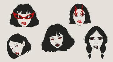 Set of Vampire Girl Featuring Sharp Fangs and Red Eyes vector
