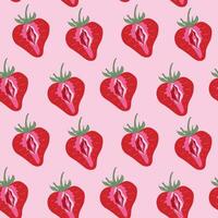 Seamless pattern with Strawberry with outlines female labia. Vulva vector