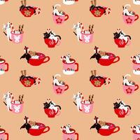 Seamless pattern with Set of Cozy Cats Drinking Hot Chocolate. Holiday Candy Cane Vibes vector
