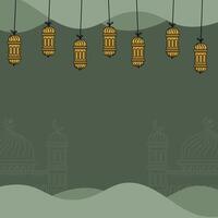 Hand Drawn Eid Al-Adha Mubarak Greeting with Lantern and Mosque on Green Background vector