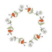 Plant, flowers. Meadow poppy, chamomile. Banner, round frame with space for text. Drawing one line. Natural background. vector