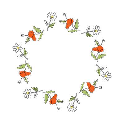 Plant, flowers. Meadow poppy, chamomile. Banner, round frame with space for text. Drawing one line. Natural background.