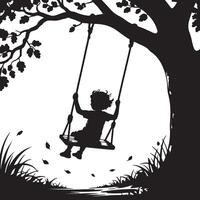 A silhouette of a child on a swing hanging from a tree with falling leaves in monochrome art vector