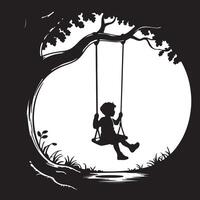 Silhouette of a child on a swing hanging from a tree branch in a black and white image vector