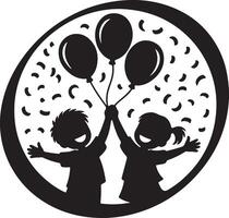 Silhouette of a boy and girl holding balloons inside a circle with confetti around them vector