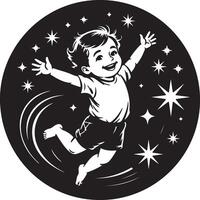 A cheerful child leaps against a backdrop of stars and swirling lines in black circle vector