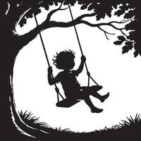 Silhouette of a child swinging from a tree swing in a black and white illustration vector