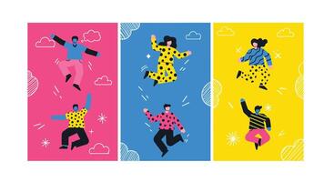 Illustrations of People Celebrating Diversity with Unique Clothing Patterns Against Colorful Backgrounds vector