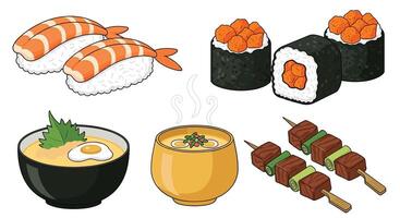 Enjoy Delicious Japanese Cuisine Shrimp Sushi Soup Skewers and Fish Egg Sushi Rolls vector