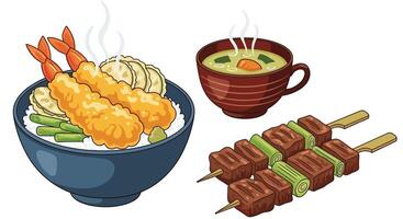 A Culinary Journey Through Japanese Cuisine Tempura Bowl Skewers and Miso Soup vector