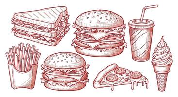 Illustrations of Various Types of Unhealthy and Flavorful Food That Most People Enjoy vector