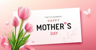 Happy Mother's Day with tulip flowers and butterfly, white paper banner concept design on pink background vector