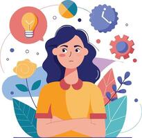 Thoughtful woman multitasking and problem-solving illustration vector