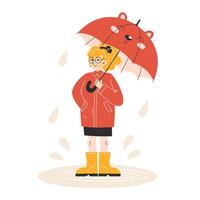 Little Girl in Autumn Coat and Yellow Rain Boots Standing in Puddle with Childs Umbrella Flat Style Illustration vector