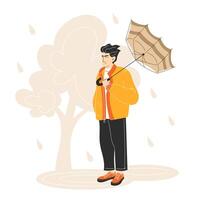 Young Man Struggling with Broken Umbrella in Heavy Rain and Wind Flat Style Autumn Illustration vector