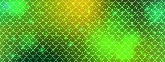 Seamless mermaid pattern in green and yellow tones. Repeating fish scale design with glowing light spots. Ideal for underwater and fantasy themes. illustration. vector