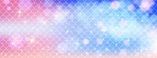 Seamless holographic mermaid background with blue red tones. Repeated scale pattern forms fish tail effect. Pink backdrop with marine theme. vector