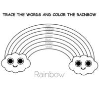 Trace and color.Coloring book.7 colors of the rainbow with cute smiling clouds in the sky.Red, orange, yellow, green, blue, indigo, and violet.Education for preschool. vector