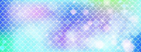 Mermaid scale pattern with soft gradients. Rainbow background with seamless fish or dragon tail texture. Blue decorative layout in format. vector