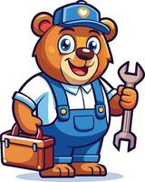 Cartoon bear mechanic holding a wrench and toolbox vector