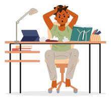 African American school boy studying at home making homework sitting at desk flat illustration isolated on white. Primary school kid angry because of difficulties with studies. vector