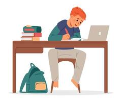 School boy studying at home making homework at desk and writing flat illustration isolated on white. vector