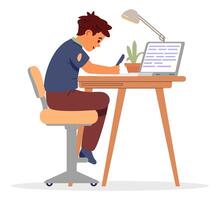School boy studying at home making homework sitting at desk and writing flat illustration isolated on white. vector