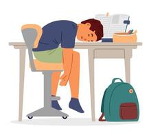 Primary school boy fell asleep at desk during studying and making homework at home flat illustration isolated on white. vector