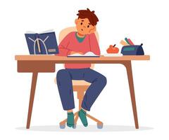 School boy studying at home making homework sitting at desk and reading flat illustration isolated on white. vector