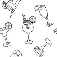 Cocktails Seamless pattern. Aperol Spritz, Margarita, Bellini, Tequila Sunrise and Sangria. Hand drawn graphic illustration in Doodle style. vector