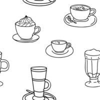 Coffee Seamless Pattern. Cappuccino, Americano or Espresso, with whipped Cream, Latte, Irish or Iced Coffee cocktail. Ink drawing in Doodle style. Ideal for beverage branding, cafe menu and graphic vector