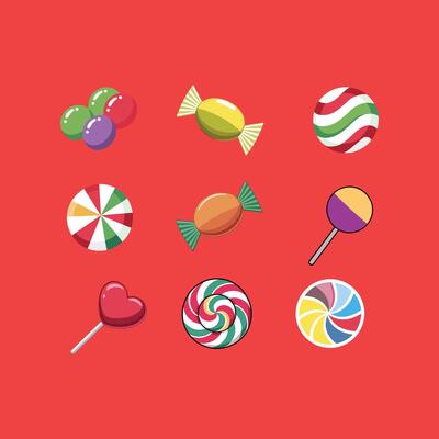 Candies, lollipop, sugar caramel in wrappers, gums. set of sweets, isolated on white background.