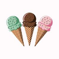 three Ice cream cone with different flavor illustration isolated on white background vector