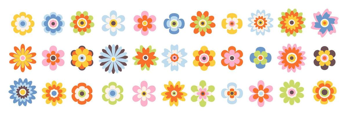 Cute set of groovy simple flowers. Abstract colorful flowers. Floral geometric design