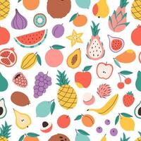 Seamless pattern with cute colorful fruits. Tropical and exotic fruits seamless pattern. Cute print for banner, wallpaper, textile, wrapping paper, background, cards vector