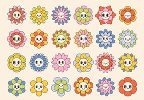 Groovy flower cartoon characters. Funny happy daisy with eyes and smile. Floral geometric design. vector