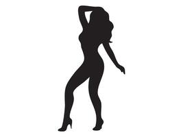 Black silhouette of a dancing woman isolated on white background, graphic illustration. concept of female dancer, graceful pose, artistic movement, icon, design element. vector