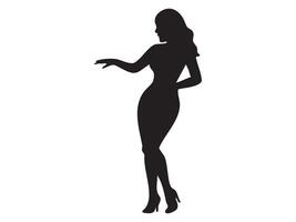Black silhouette of a dancing woman in a stylish pose, isolated on white background, graphic illustration. concept of dance, movement, elegance, icon, logo, design element vector