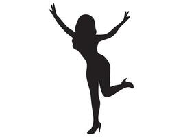 Black silhouette of a woman dancing with raised arms and one leg lifted, isolated on white background, graphic illustration. concept of dance, celebration, movement, icon, logo, design element vector