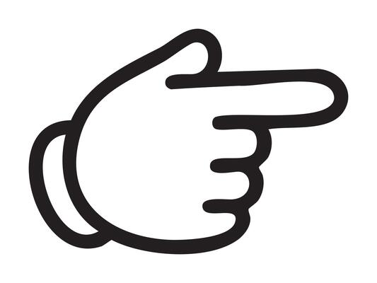 Black outline of hand gesture icon with pointing finger isolated on white background, graphic illustration. concept of communication, direction, icons for maps, mobile apps, navigational signs