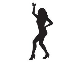 Silhouette of a dancing woman in an elegant pose with raised arm, black outline on white background. concept of dance, performing arts, grace, movement, human form, isolated design. vector