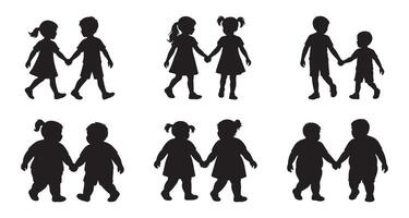Set of Silhouette of children walking in pairs, isolated on white background, graphic illustration. concept of childhood, friendship, boys, girls, social, playful interaction, icon, design element vector