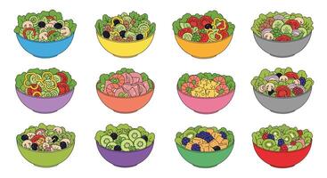 A Vibrant Array of Colorful Bowls with Fresh Salads Health and Delicious Choices vector