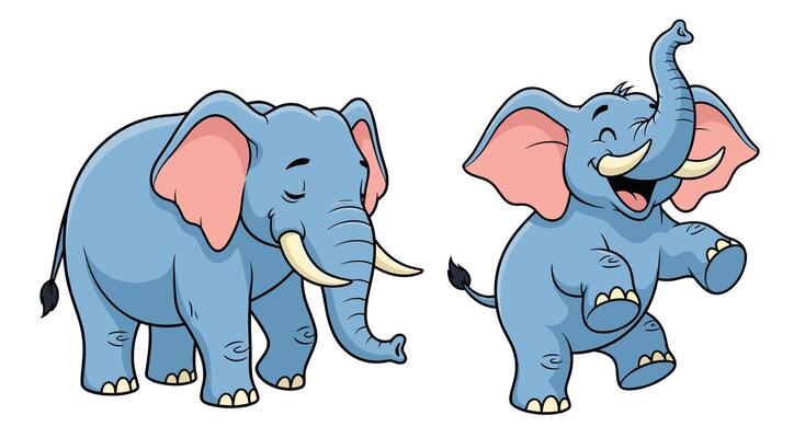 Cartoon Elephants Depicting Different Postures and Expressions for Educational Purposes to Teach Children